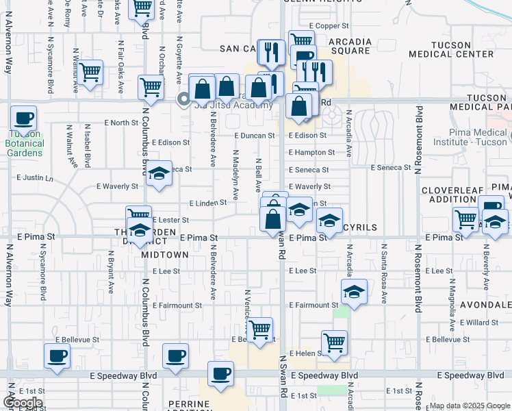 map of restaurants, bars, coffee shops, grocery stores, and more near 4565 East Linden Street in Tucson