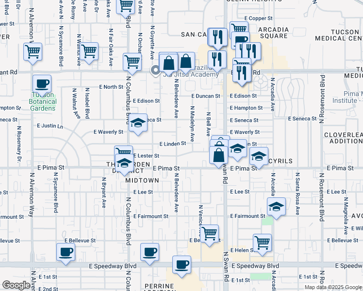 map of restaurants, bars, coffee shops, grocery stores, and more near 4513 East Linden Street in Tucson
