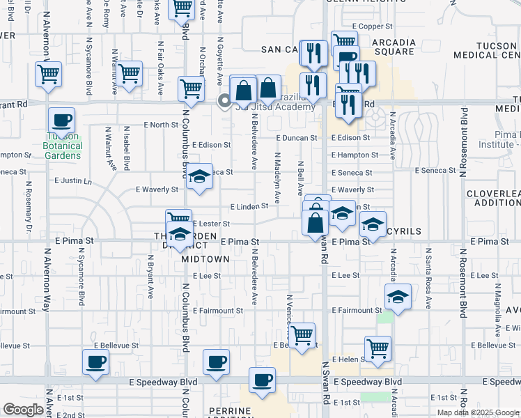 map of restaurants, bars, coffee shops, grocery stores, and more near 4513 East Linden Street in Tucson