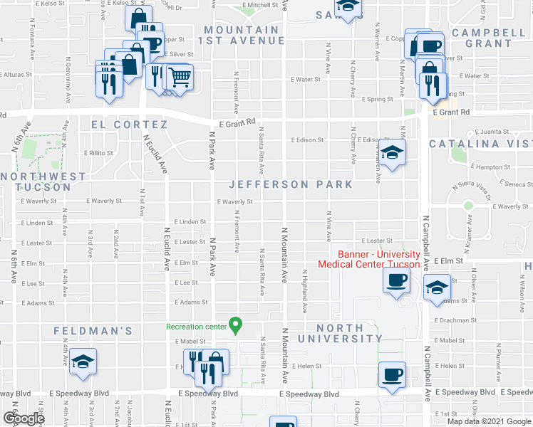 map of restaurants, bars, coffee shops, grocery stores, and more near 1220 East Waverly Street in Tucson