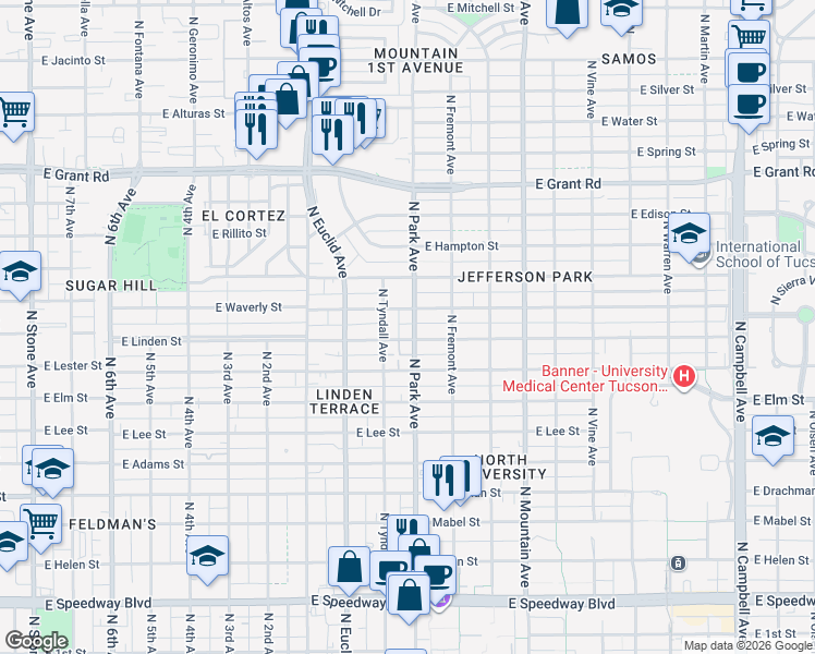 map of restaurants, bars, coffee shops, grocery stores, and more near 1990 North Park Avenue in Tucson