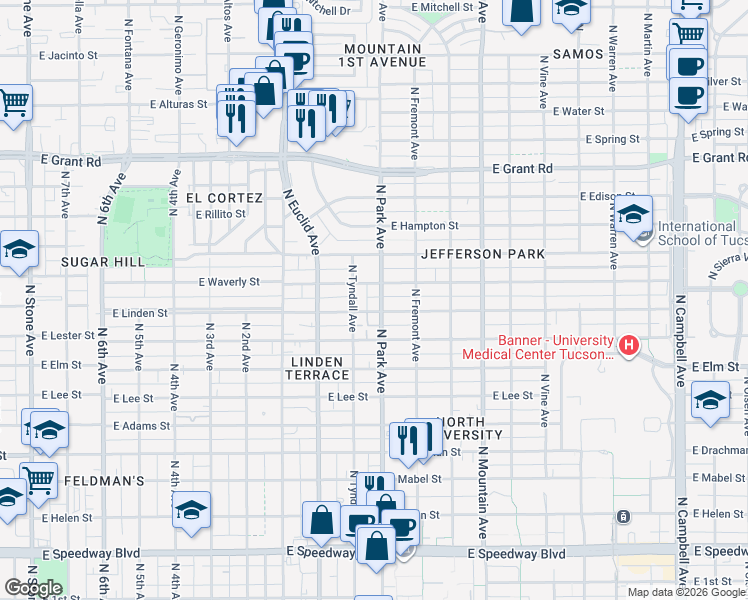 map of restaurants, bars, coffee shops, grocery stores, and more near 1990 North Park Avenue in Tucson