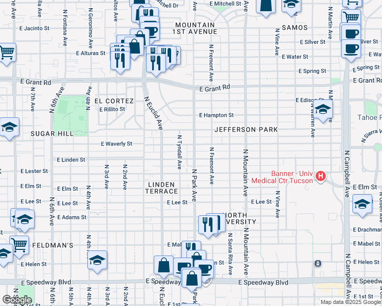 map of restaurants, bars, coffee shops, grocery stores, and more near 1990 North Park Avenue in Tucson