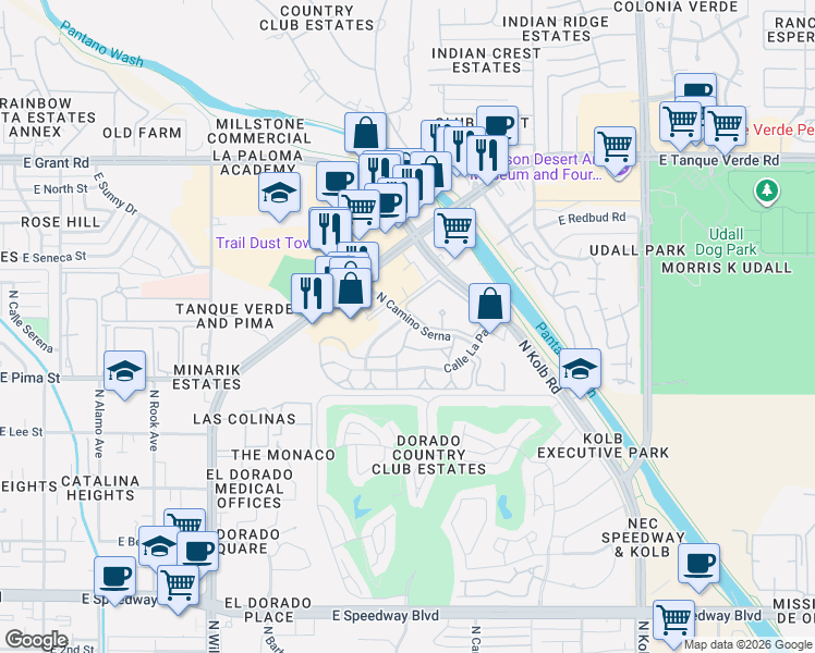 map of restaurants, bars, coffee shops, grocery stores, and more near 6690 East Calle Alegria in Tucson