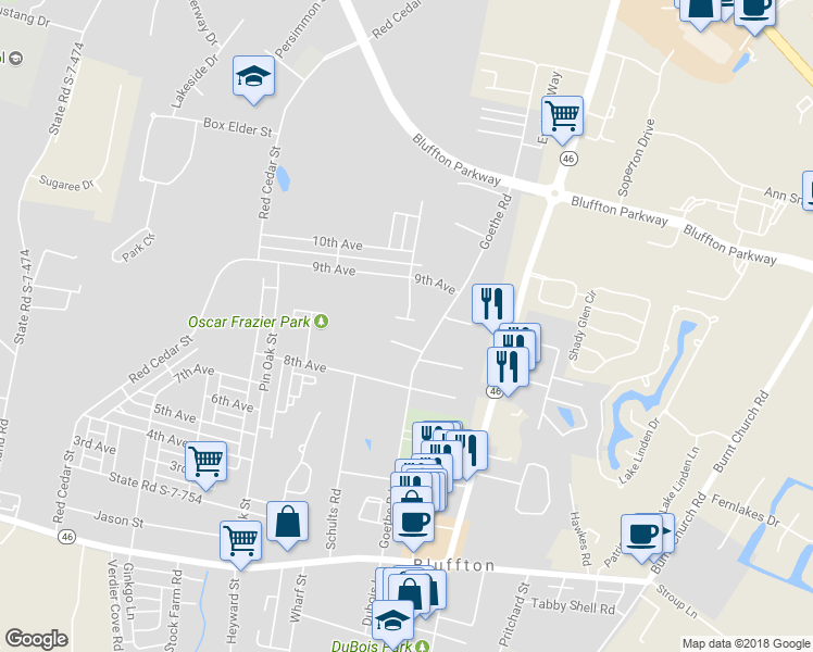 map of restaurants, bars, coffee shops, grocery stores, and more near 11 Sugar Maple Lane in Bluffton