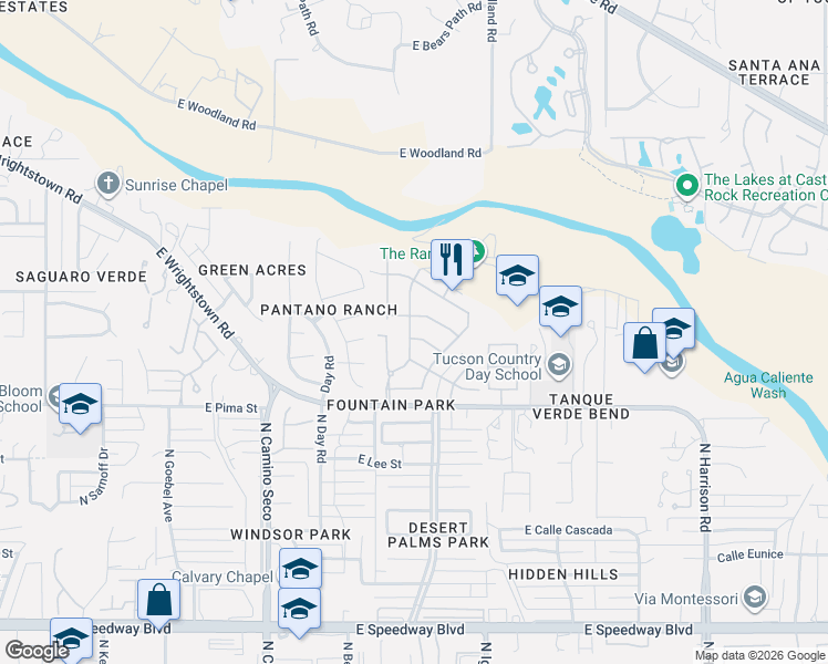 map of restaurants, bars, coffee shops, grocery stores, and more near 8992 East Waverly Street in Tucson