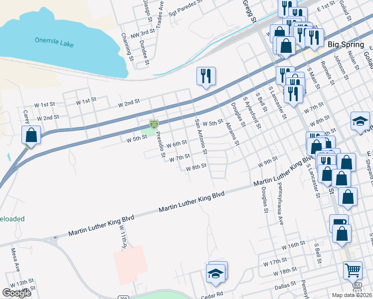 map of restaurants, bars, coffee shops, grocery stores, and more near 1001 West 6th Street in Big Spring