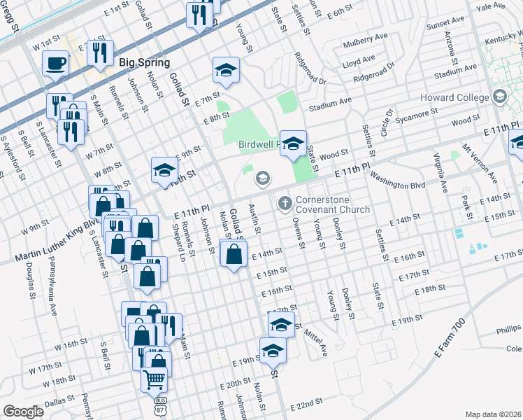 map of restaurants, bars, coffee shops, grocery stores, and more near 604 Northeast 11th Street in Big Spring