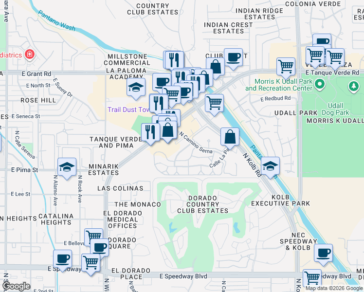 map of restaurants, bars, coffee shops, grocery stores, and more near 6560 East Tanque Verde Road in Tucson