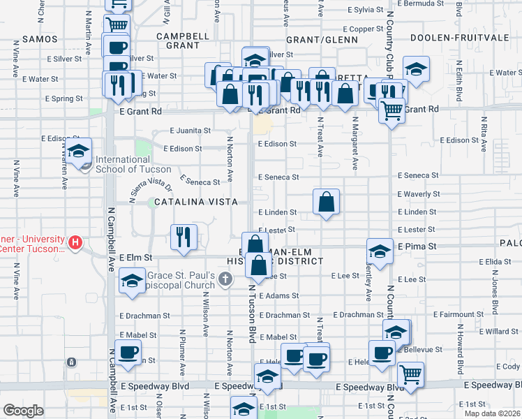 map of restaurants, bars, coffee shops, grocery stores, and more near 1919 North Tucson Boulevard in Tucson