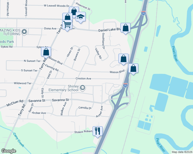 map of restaurants, bars, coffee shops, grocery stores, and more near 357 Mason Boulevard in Jackson
