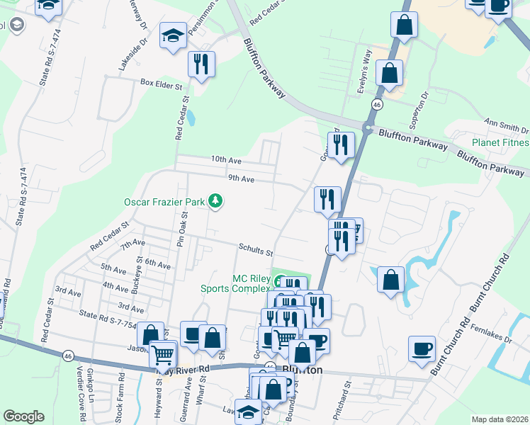 map of restaurants, bars, coffee shops, grocery stores, and more near 2 Sugar Maple Street in Bluffton