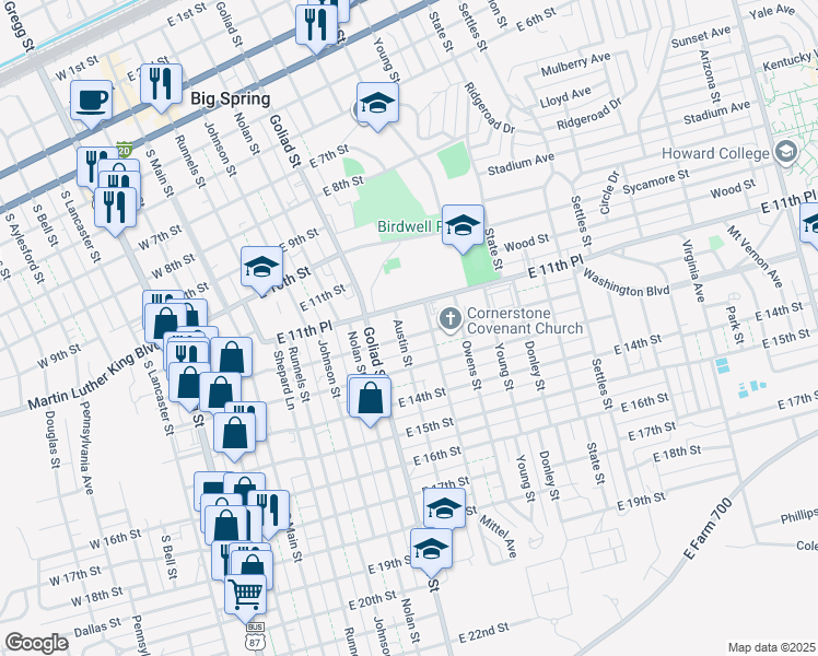 map of restaurants, bars, coffee shops, grocery stores, and more near 604 Northeast 11th Street in Big Spring