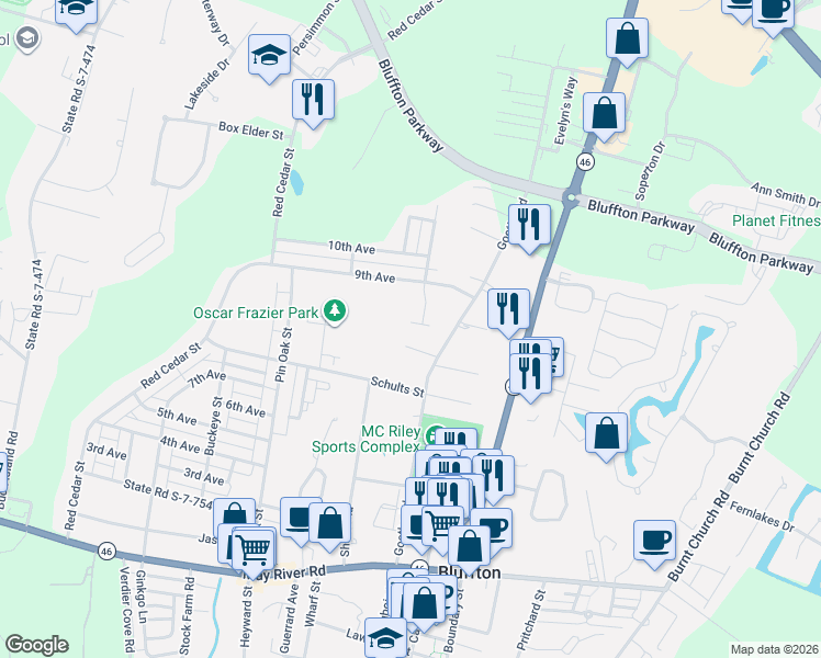map of restaurants, bars, coffee shops, grocery stores, and more near 2 Sugar Maple Street in Bluffton
