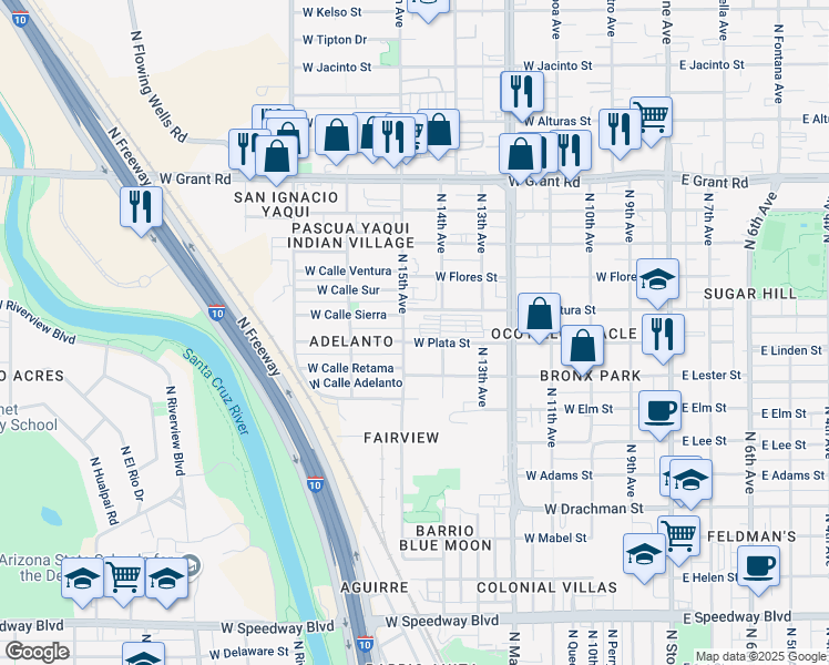 map of restaurants, bars, coffee shops, grocery stores, and more near 1910 North 15th Avenue in Tucson