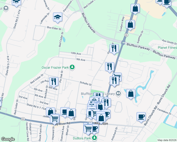 map of restaurants, bars, coffee shops, grocery stores, and more near 2 Sugar Maple Street in Bluffton