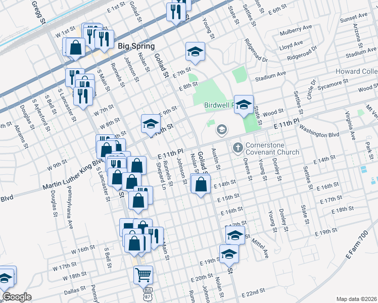 map of restaurants, bars, coffee shops, grocery stores, and more near 1012-1024 Nolan St in Big Spring