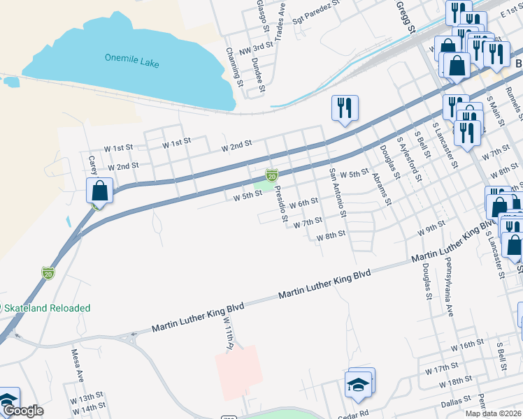 map of restaurants, bars, coffee shops, grocery stores, and more near 1214 West 6th Street in Big Spring