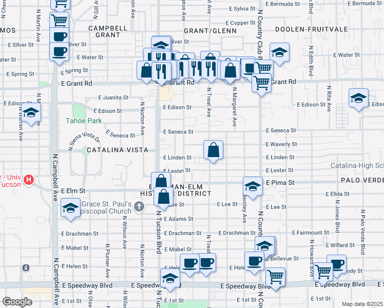 map of restaurants, bars, coffee shops, grocery stores, and more near 2617 East Linden Street in Tucson