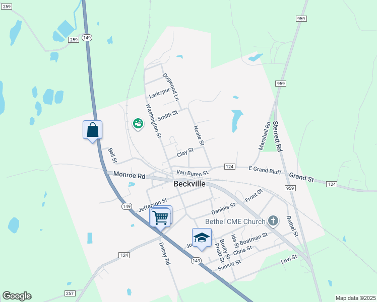 map of restaurants, bars, coffee shops, grocery stores, and more near 152 Clay Street in Beckville