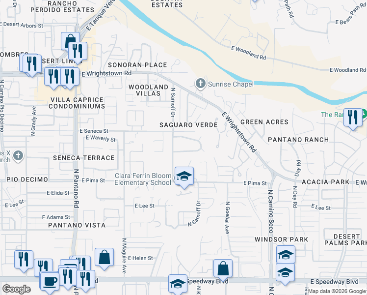 map of restaurants, bars, coffee shops, grocery stores, and more near 8351 East Marlena Circle North in Tucson