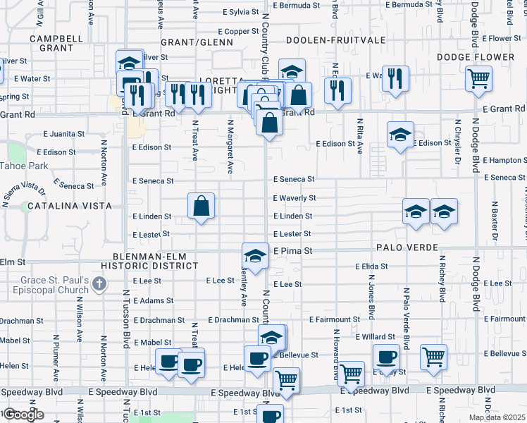 map of restaurants, bars, coffee shops, grocery stores, and more near 1900 North Country Club Road in Tucson