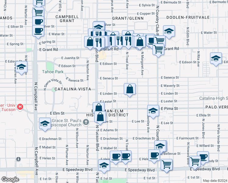 map of restaurants, bars, coffee shops, grocery stores, and more near 2617 East Linden Street in Tucson