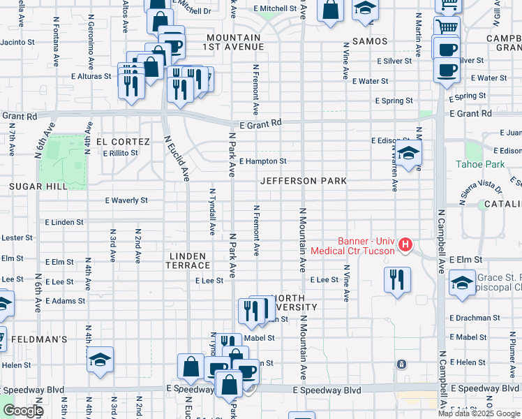 map of restaurants, bars, coffee shops, grocery stores, and more near 1104 East Waverly Street in Tucson