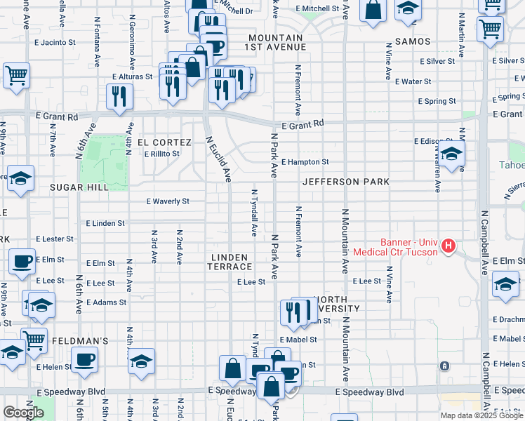map of restaurants, bars, coffee shops, grocery stores, and more near 1980 North Tyndall Avenue in Tucson