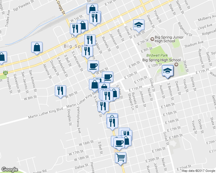 map of restaurants, bars, coffee shops, grocery stores, and more near 101 West 10th Street in Big Spring