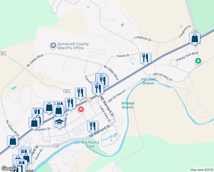 map of restaurants, bars, coffee shops, grocery stores, and more near 1301 Northeast Big Bend Trail in Glen Rose