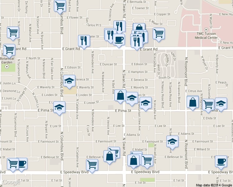 map of restaurants, bars, coffee shops, grocery stores, and more near 1949 North Swan Road in Tucson