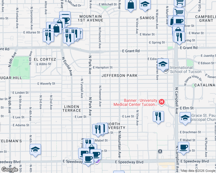 map of restaurants, bars, coffee shops, grocery stores, and more near 1220 East Waverly Street in Tucson
