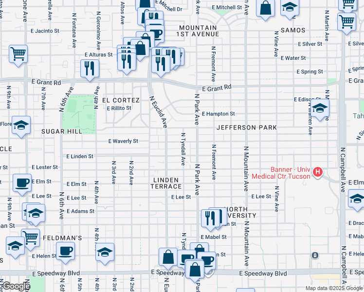 map of restaurants, bars, coffee shops, grocery stores, and more near 1980 North Tyndall Avenue in Tucson