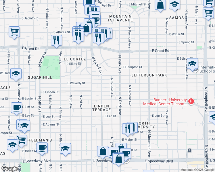 map of restaurants, bars, coffee shops, grocery stores, and more near 1980 North Tyndall Avenue in Tucson