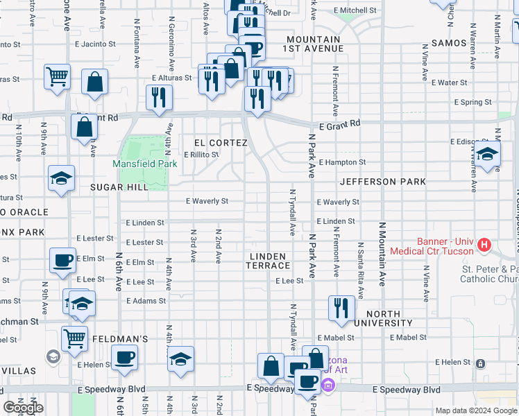 map of restaurants, bars, coffee shops, grocery stores, and more near 802 East Waverly Street in Tucson