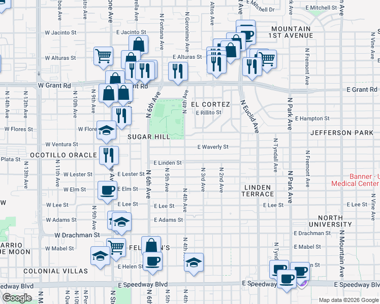 map of restaurants, bars, coffee shops, grocery stores, and more near 404 East Waverly Street in Tucson