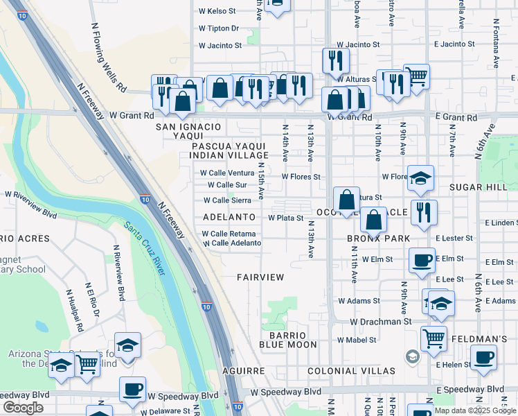 map of restaurants, bars, coffee shops, grocery stores, and more near 1910 North 15th Avenue in Tucson