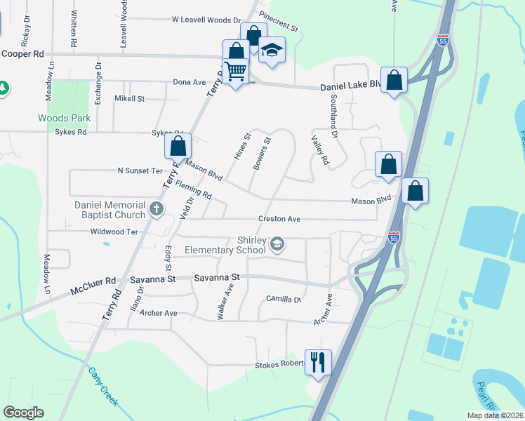 map of restaurants, bars, coffee shops, grocery stores, and more near 3634 Lee Drive in Jackson