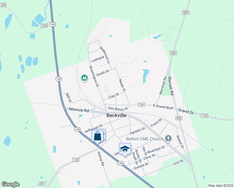 map of restaurants, bars, coffee shops, grocery stores, and more near 152 Clay Street in Beckville