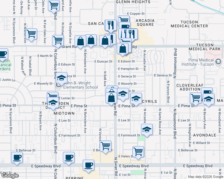 map of restaurants, bars, coffee shops, grocery stores, and more near 1949 North Swan Road in Tucson