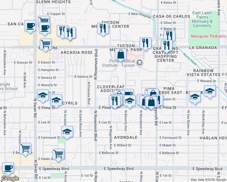map of restaurants, bars, coffee shops, grocery stores, and more near 1912 North Magnolia Avenue in Tucson