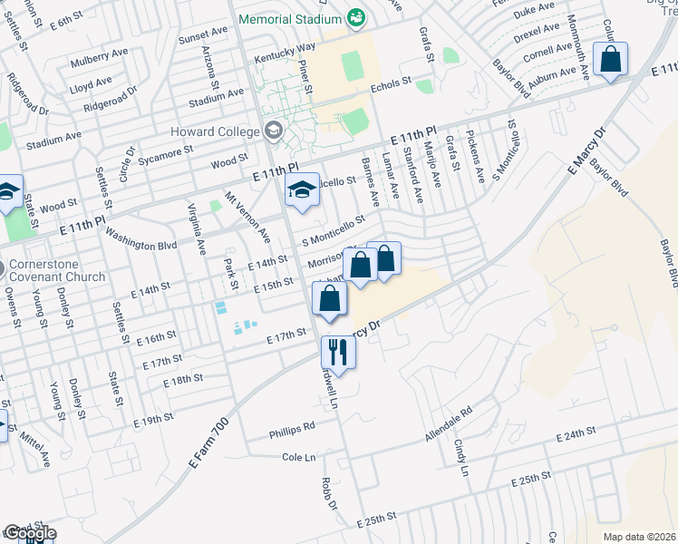 map of restaurants, bars, coffee shops, grocery stores, and more near 1805 Alabama Street in Big Spring