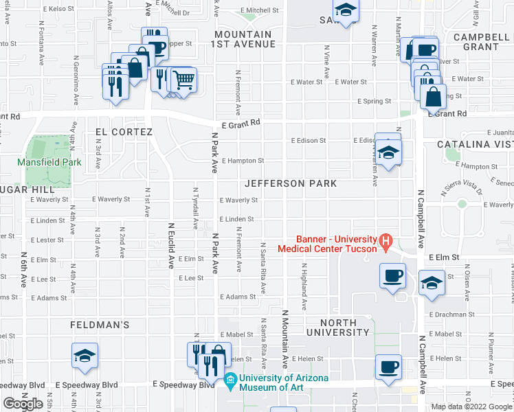 map of restaurants, bars, coffee shops, grocery stores, and more near 1150 East Waverly Street in Tucson
