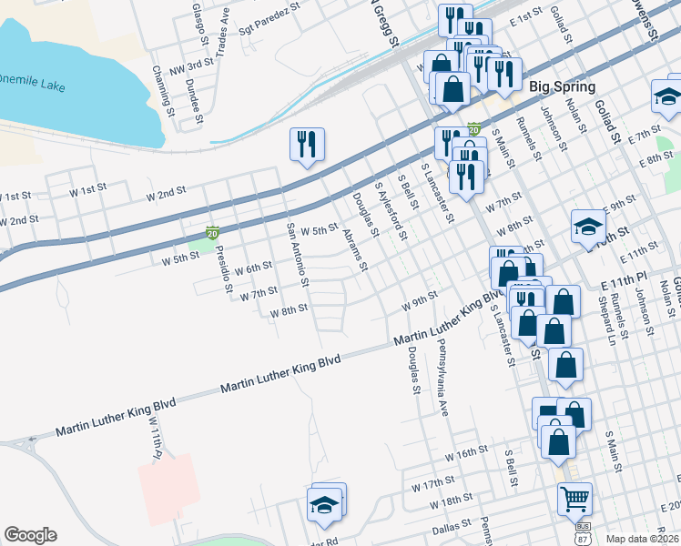 map of restaurants, bars, coffee shops, grocery stores, and more near 810 West 7th Street in Big Spring