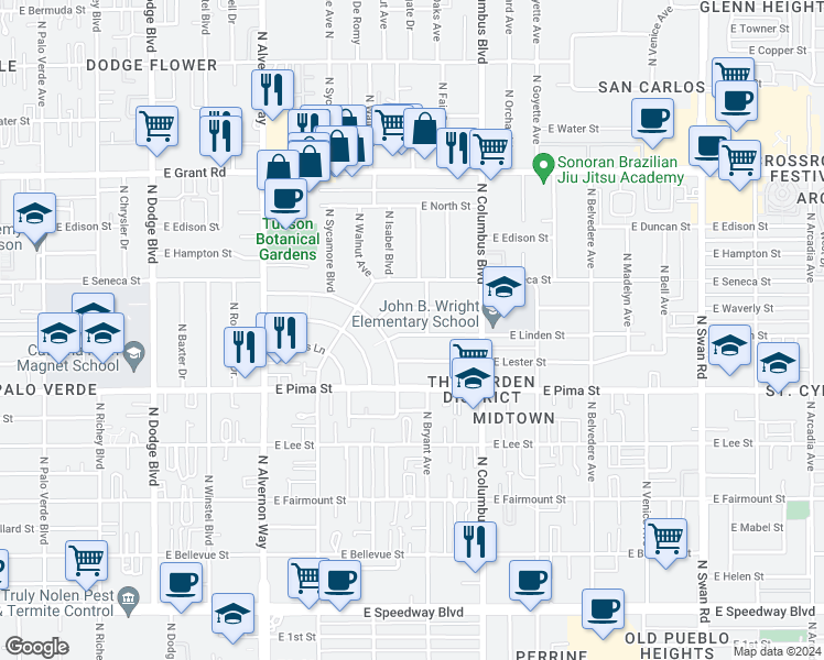 map of restaurants, bars, coffee shops, grocery stores, and more near 4127 East Linden Street in Tucson