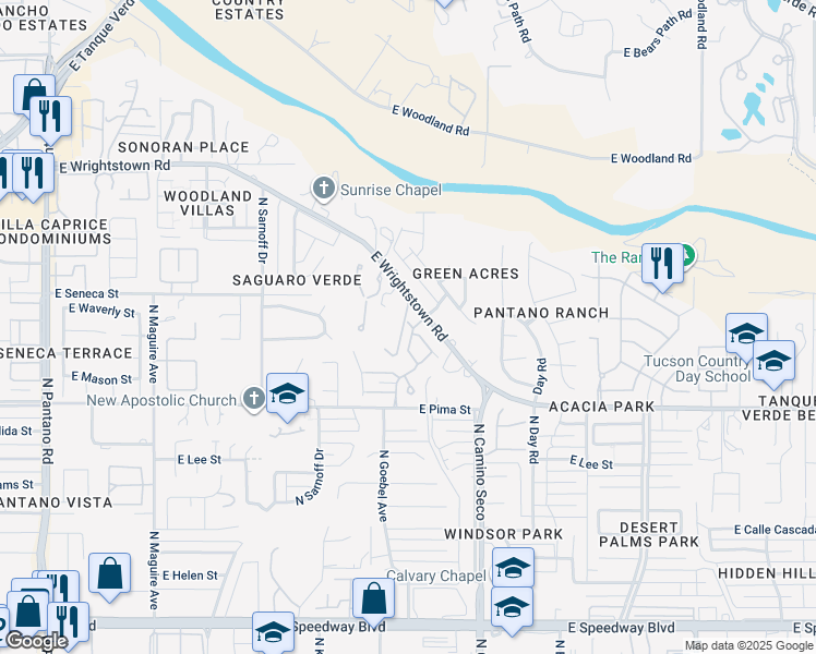 map of restaurants, bars, coffee shops, grocery stores, and more near 8580 East Pembrook Drive in Tucson