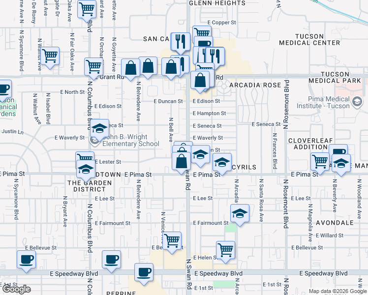 map of restaurants, bars, coffee shops, grocery stores, and more near 1949 North Swan Road in Tucson
