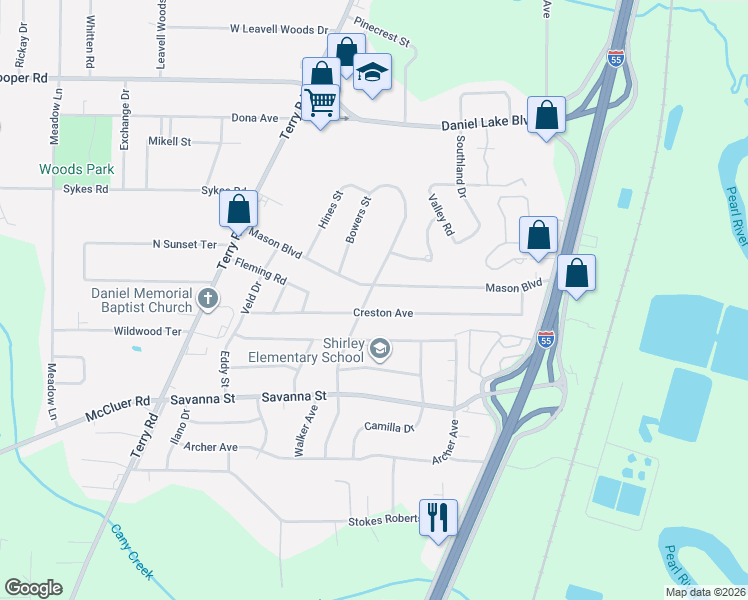 map of restaurants, bars, coffee shops, grocery stores, and more near 3634 Lee Drive in Jackson
