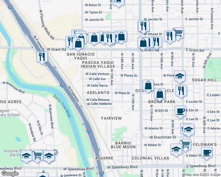 map of restaurants, bars, coffee shops, grocery stores, and more near 1910 North 15th Avenue in Tucson
